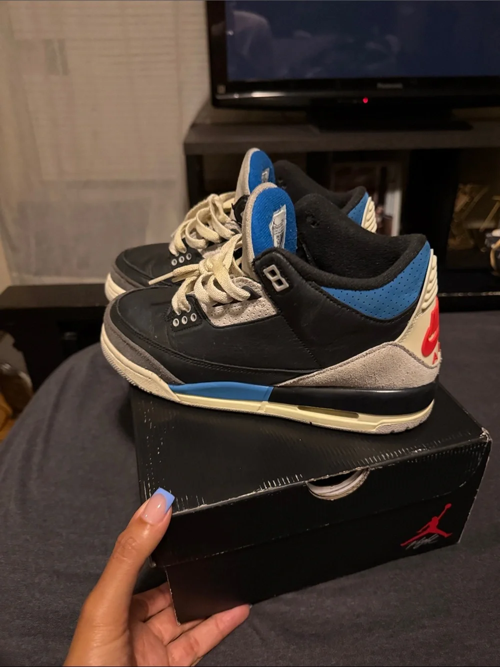 Jordan Men's Sneakers - Black Gray Blue with Cream Laces